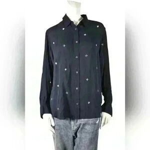 NWT LOVE MOSCHINO Navy Blue Viscose Long Sleeve Rhinestone Sparkle Blouse 4US
